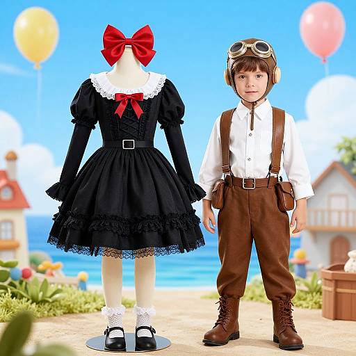 Photograph-style digital image of a childless mannequin in a black Victorian dress with red bow, and a boy in steampunk attire,