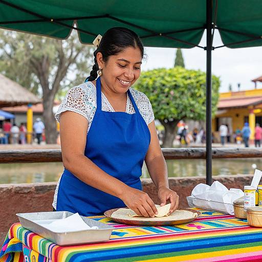 Photograph of a smiling Latina woman with dark hair in a blue apron and white lace sleeves, rolling dough on a colorful striped table at an outdoor