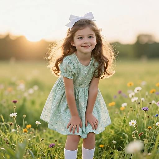 Photograph of a smiling young girl with long brown hair, white bow, light green dress, and white socks, standing in a sunny meadow with