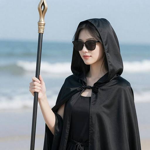 Mysterious Hooded Woman on Beach