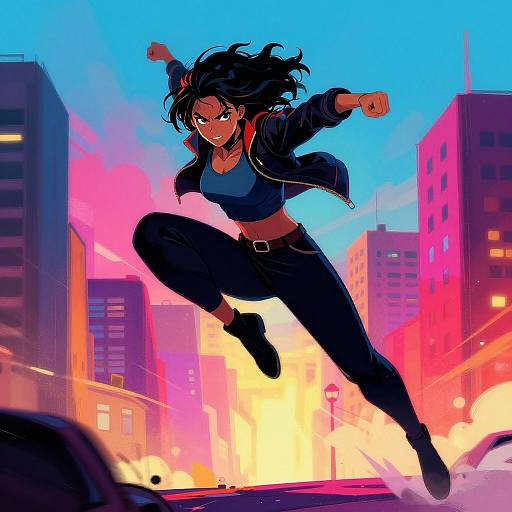 Dynamic anime-style illustration of a fierce, black-haired woman in a black jacket and blue top, mid-leap in a vibrant, action-packed cityscape