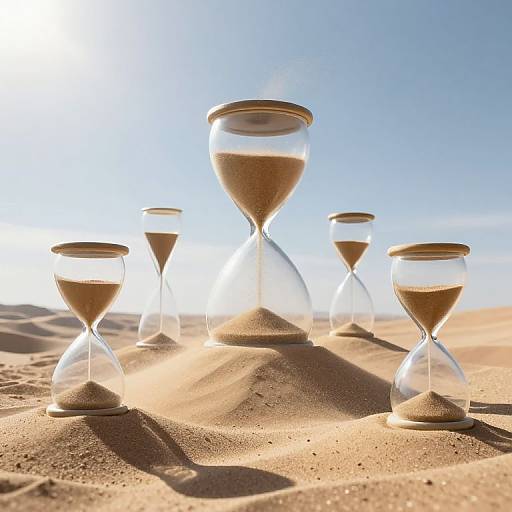 Photograph of five glass hourglasses on sandy dunes under bright sunlight, casting shadows, with clear blue sky in the background.
