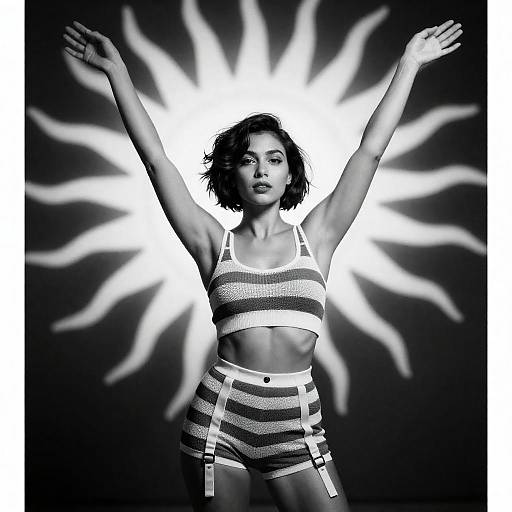 Black-and-White Sunburst Fashion Portrait, Confident Pose