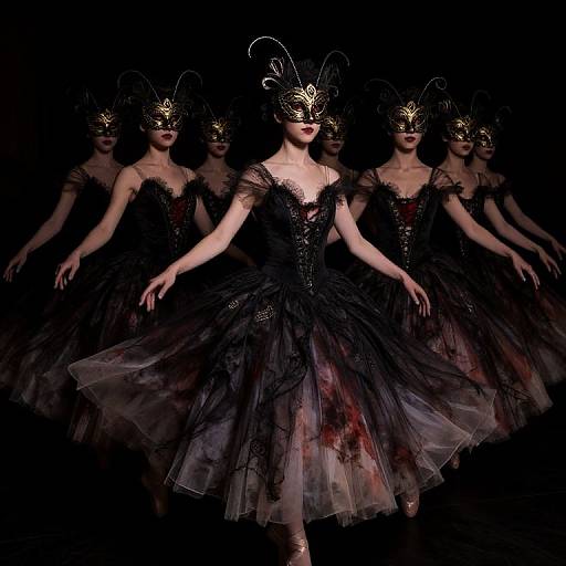 Photograph of six ballerinas in black, gothic, tulle dresses with bloodstains, wearing ornate black masks with gold accents,