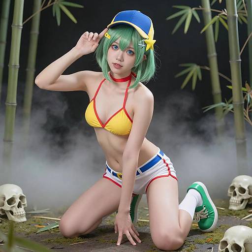 Playful Anime Girl in Misty Bamboo