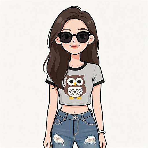 Digital anime-style drawing of a young woman with long dark brown hair, black sunglasses, grey owl crop top, and ripped blue jeans.