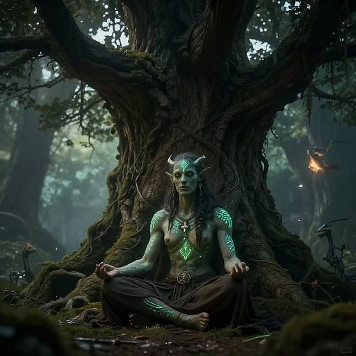 Digital fantasy artwork of a green-skinned, horned, topless female elf meditating at a massive tree's base in a mystical forest. Gl