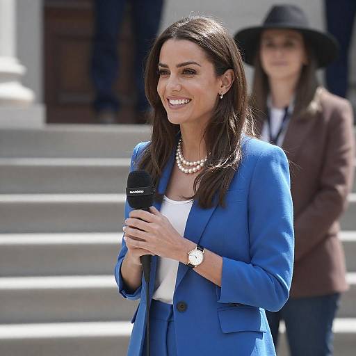 Smiling Woman Reporter with Moviefone Mic