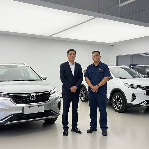 Photograph of two men standing in a modern showroom; one in a black suit, the other in a navy uniform, flanking two white Honda vehicles
