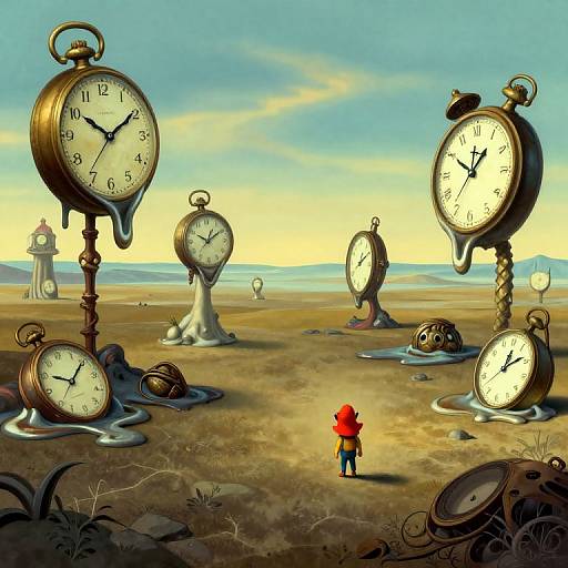 Whimsical digital painting: small child in red hood stands before surreal landscape of large, melting clock faces in a desert under a yellow-blue sky.