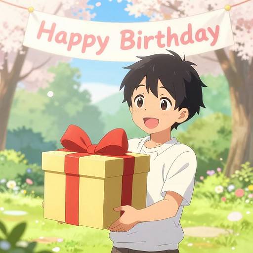 Anime-style digital drawing of a cheerful boy with black hair, wearing a white shirt, holding a yellow gift box with a red ribbon, under a 