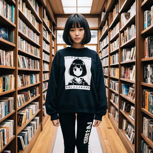 Teen Girl in Anime Graphic Sweatshirt in Bookstore