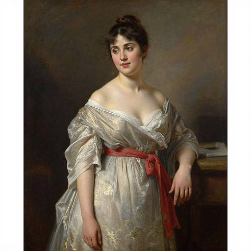 Classical portrait painting of a fair-skinned woman with dark hair, wearing an off-shoulder, silver-embroidered dress with a red