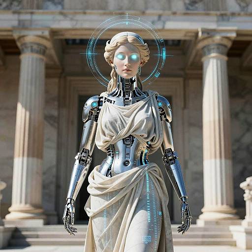 CGI digital art of a glowing, robotic woman with blue eyes, metallic body, and classical draped gown, standing before ancient columns.