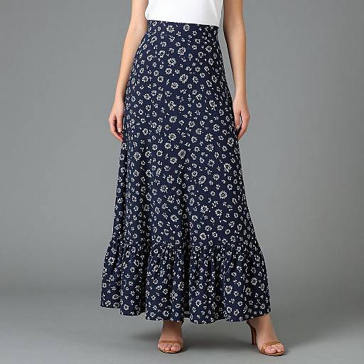 Photograph of a woman wearing a white top and a long, navy blue skirt with white floral patterns, standing against a gray background. She has beige