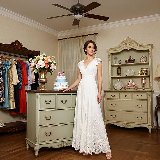 Photograph of a woman in a white lace dress, standing in a vintage-style bedroom with a dresser, cake, floral arrangement, clothes rack, and