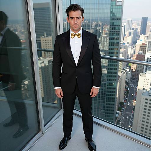 Photograph of a handsome man with short dark hair, in a black tuxedo with white shirt and yellow bow tie, standing on a high-rise