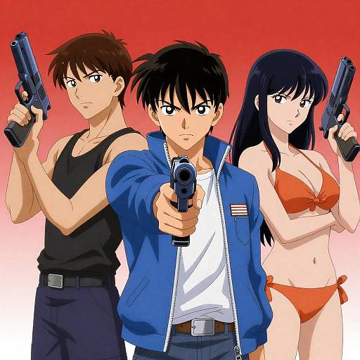 Intense Anime Trio with Blue Guns
