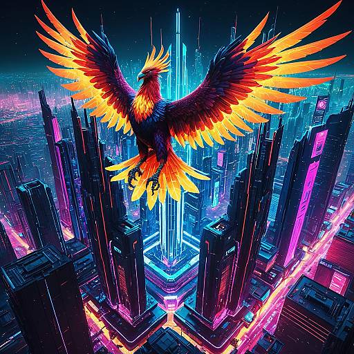 Giant Neon Phoenix Over Cyberpunk City