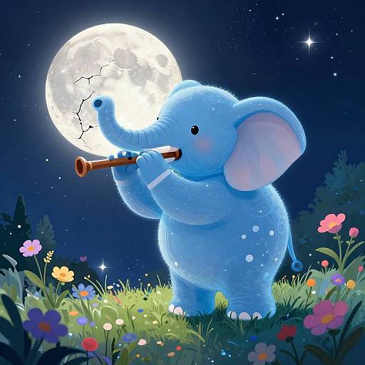 Digital illustration of a cute, blue, furry baby elephant playing a flute under a bright, cracked full moon in a starry night sky, surrounded by