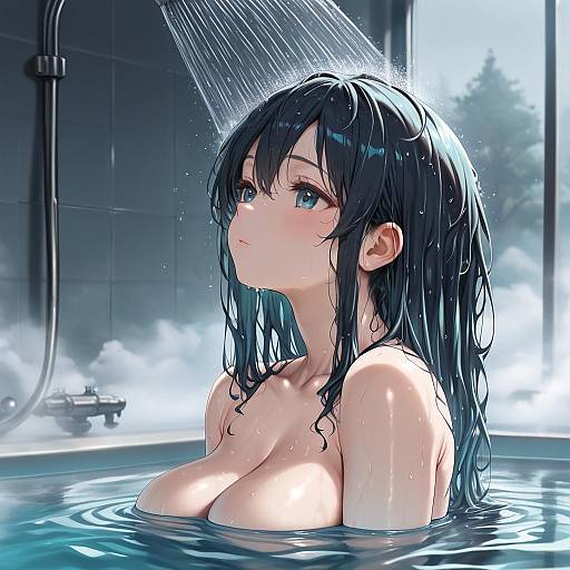 Anime Girl Showering in Indoor Pool