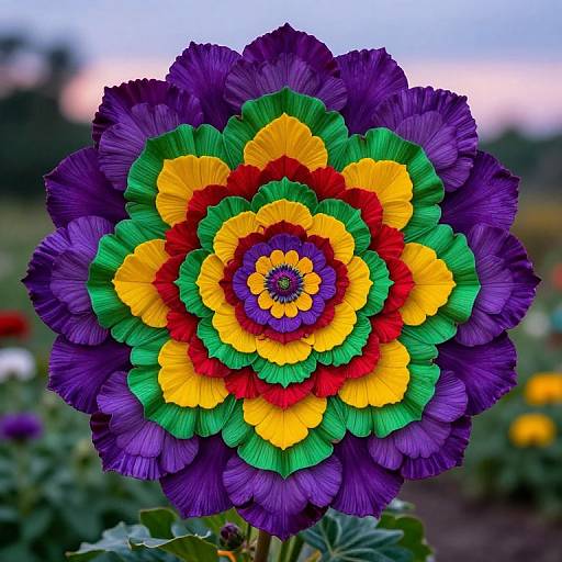 Vibrant photograph of a multicolored flower with concentric layers of purple, yellow, green, red petals against a blurred garden background.