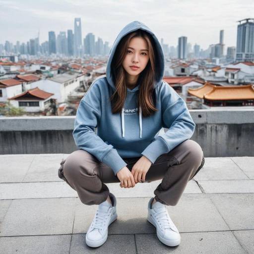 Young Asian Woman in Hoodie Squatting Outdoors Young Asian Woman in Hoodie Squatting Outdoors