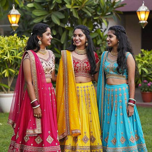 Three Indian women in colorful traditional lehengas and cholis, adorned with gold jewelry, smiling and chatting outdoors with lush greenery and lanterns in