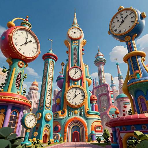 Vibrant, surreal digital illustration of a whimsical clock tower city with colorful, oversized clocks, domes, and spires under a bright blue