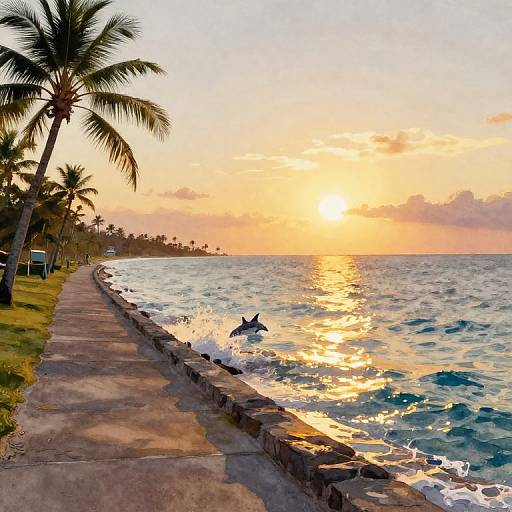 Tropical Sunset Watercolor Scene