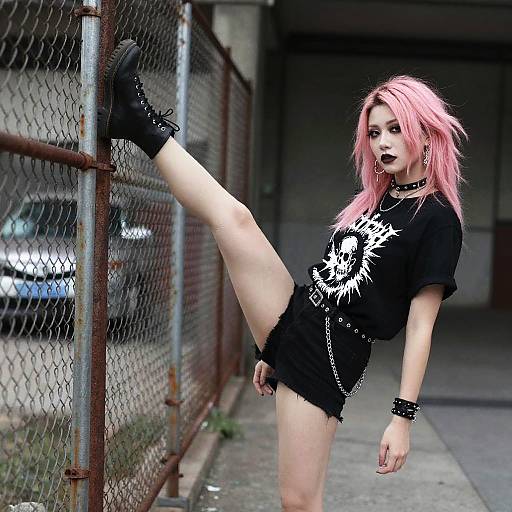 Photograph of a punk-style woman with pink hair, black outfit, and spiked accessories, striking a high kick against a chain-link fence in an urban