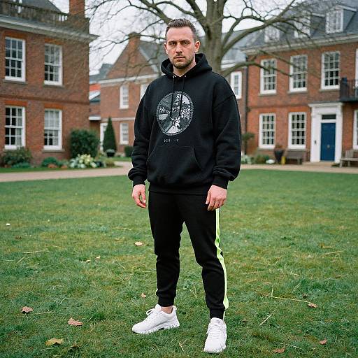 Photograph of a serious, light-skinned man with short brown hair, wearing a black hoodie with a graphic, black track pants, and white sneakers
