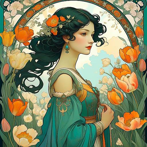 Art Nouveau Woman with Tulips and Golden Halo