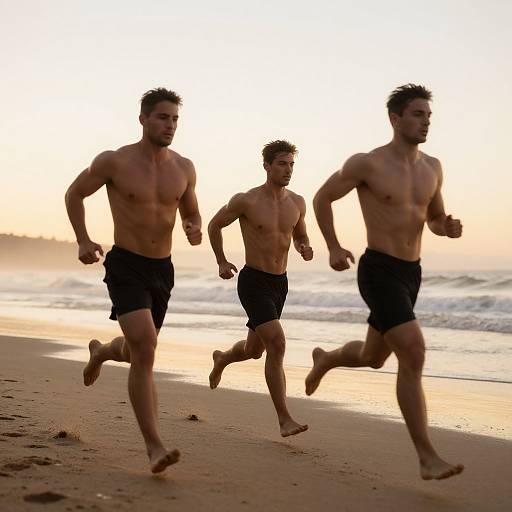 Photograph of three shirtless, muscular men in black shorts running on a sandy beach at sunset, with waves in the background.