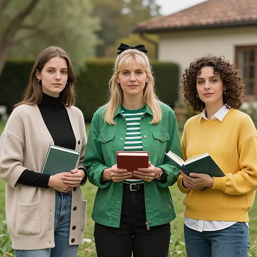 Three Women Holding Books Outdoors