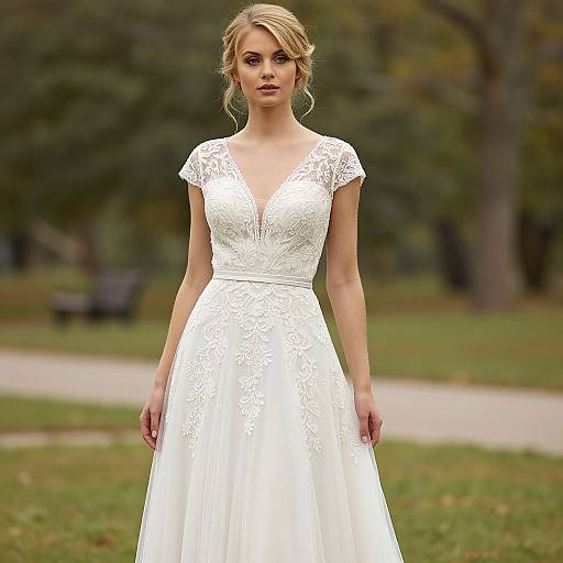 Photograph of a blonde woman with fair skin wearing a white lace bridal gown with a V-neck, standing in a park.