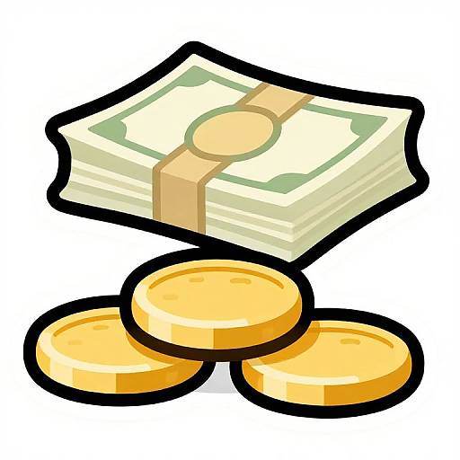 Cartoon-style illustration of a stack of money tied with a string, next to three gold coins, all outlined in black.