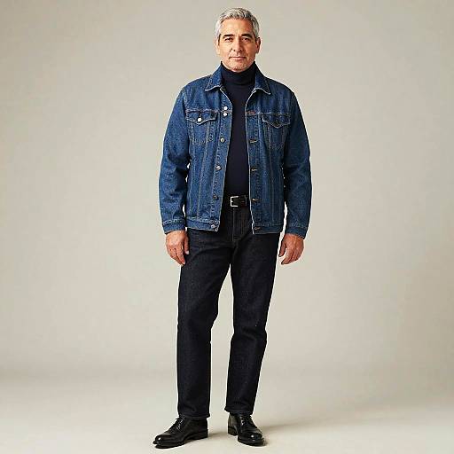 Photograph of a middle-aged man with gray hair, wearing a blue denim jacket, black turtleneck, black pants, and black shoes, standing