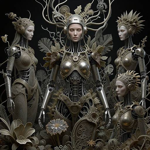 Photorealistic digital art: Four metallic, ornate, robotic women with floral and leafy headpieces, intricate armor, and serene expressions, set