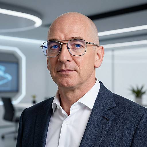 Photograph of a bald, middle-aged white man with blue eyes, wearing glasses, black suit, and white shirt, in a modern, brightly-l