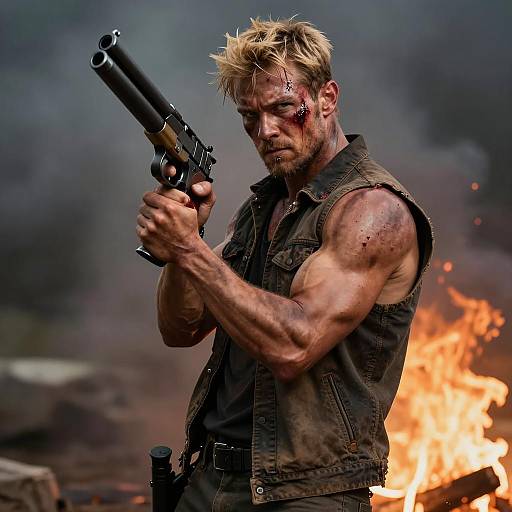 Intense Action Pose of a Muscular Fighter