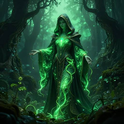 Digital fantasy artwork of a mysterious green-glowing female wizard in dark cloak, standing in enchanted forest with glowing green energy.