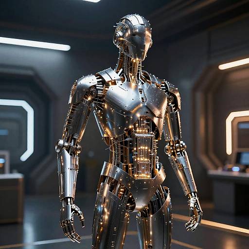 Futuristic AI Steel Humanoid Sculpture