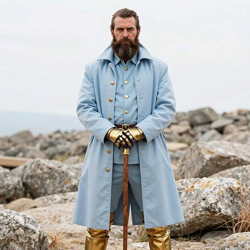 Bearded Man in Elegant Blue and Gold Attire