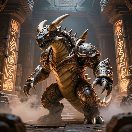 CGI fantasy image of a massive, armored, horned dragon-like creature with glowing eyes, standing in a misty ancient temple with glowing hierog
