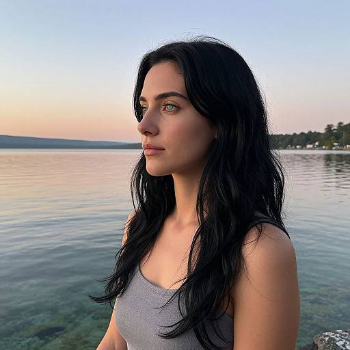 Photograph of a young woman with long black hair, green eyes, and fair skin, wearing a gray tank top, standing by a tranquil lake at