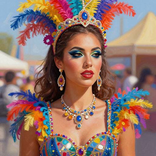 Photograph of a glamorous woman in a vibrant, feathered headdress and colorful, beaded dress, with dramatic blue eyeshadow and red lipstick
