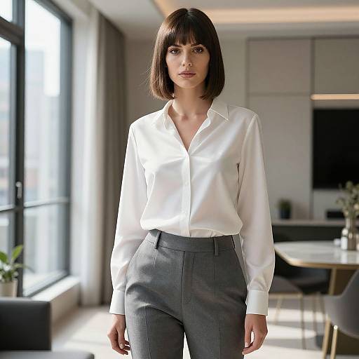 Photograph of a serious, short-haired woman in a white blouse and gray pants standing in a bright, modern office with large windows.
