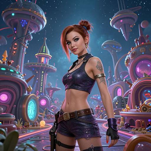 Digital artwork: Cyberpunk-style red-haired woman with tattoos, black leather crop top, shorts, fingerless gloves, and belt, standing in futuristic neon