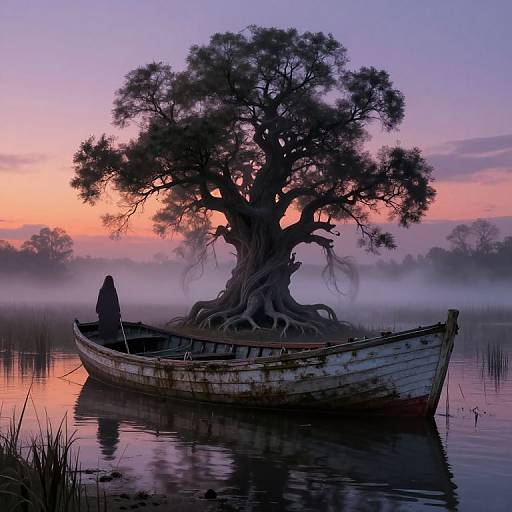 Photograph of a silhouetted, hooded figure in a weathered boat with a large tree growing from it, against a pink-purple sunrise